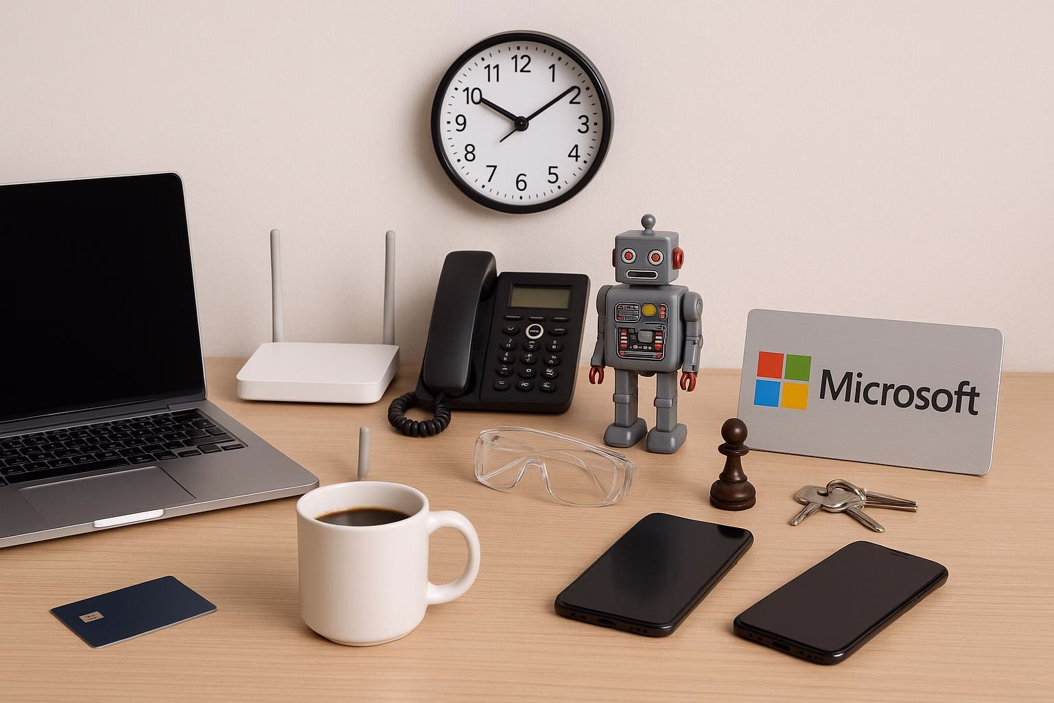 KDB Tech-Update 202506191507 Schreibtisch mit Laptop, Telefon, Router und Uhr; Roboterfigur, Schutzbrille, Schachfigur sowie Mobilgeräte und Schlüssel zur Darstellung eines Technik-Setups.