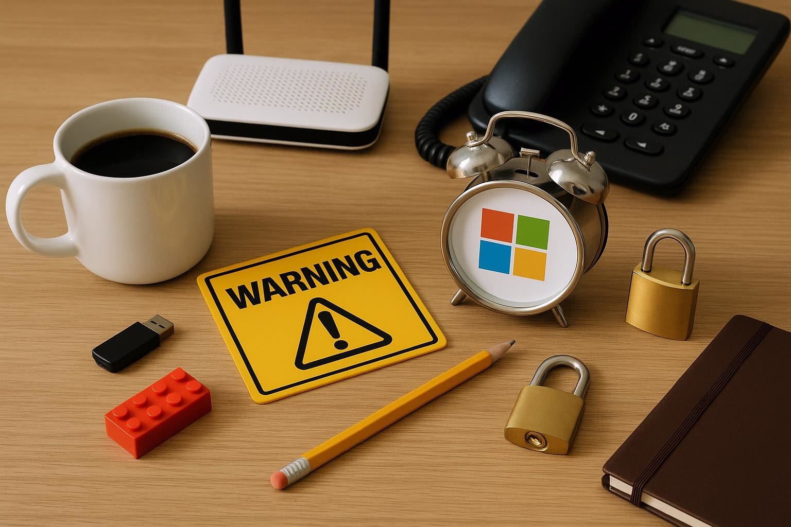 KDB Tech-Update 202506200503 Gelbes Warnschild, Wecker, Kaffeetasse, USB-Stick, Schloss, Bleistift, Notizbuch und Telefon-ähnliche Geräte auf Holztisch als Technik-Update-Motiv.