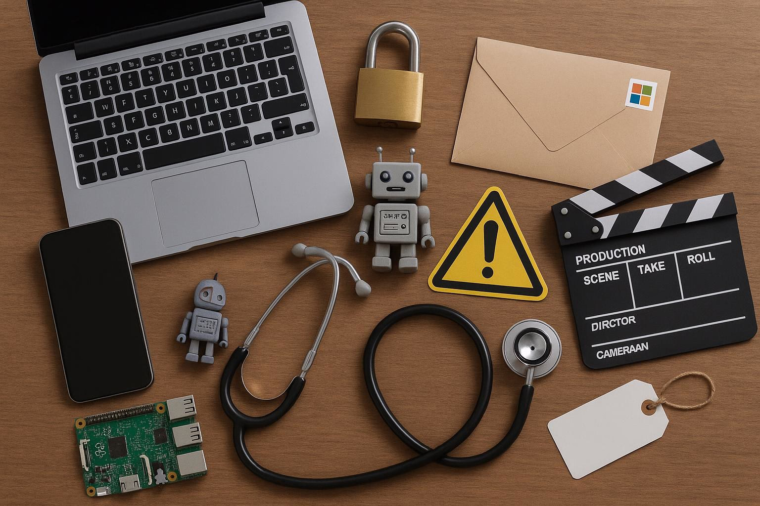 KDB Tech-Update 202506201502 Laptop, Smartphone und Technik-Accessoires auf Holz: Vorhängeschloss, Roboterfiguren, Warnschild, Filmklappe, Stethoskop, Raspberry Pi und Preisschild.