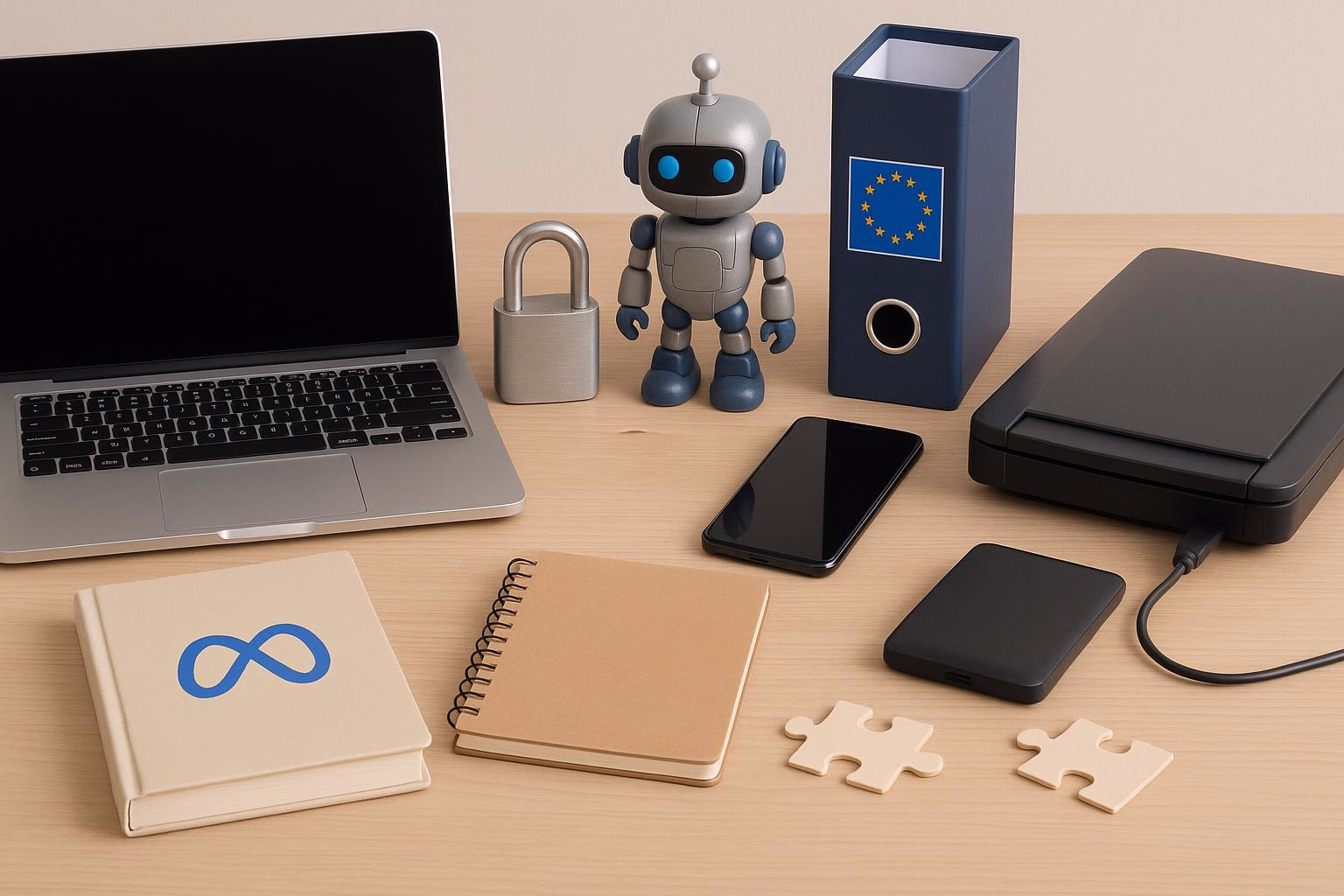 KDB Tech-Update 202506211505 Schreibtisch mit Laptop, Roboterfigur, EU-Ordner-Emblem, Smartphone, Scanner, externer Festplatte, Notizbüchern und Puzzleteilen als Symbol für Technologie.
