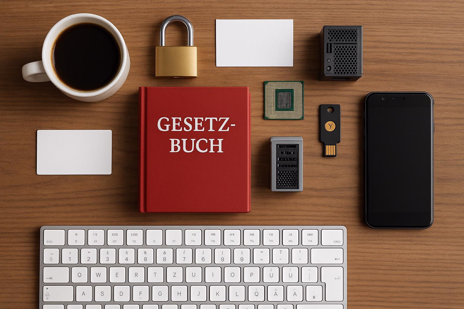 KDB Tech-Update 202506220504 Schreibtisch mit Kaffee, Schloss, Gesetzbuch, Chip, Mini-Server, USB-Token, Smartphone und Tastatur – Symbolbild für IT-Sicherheit und Datenschutz.