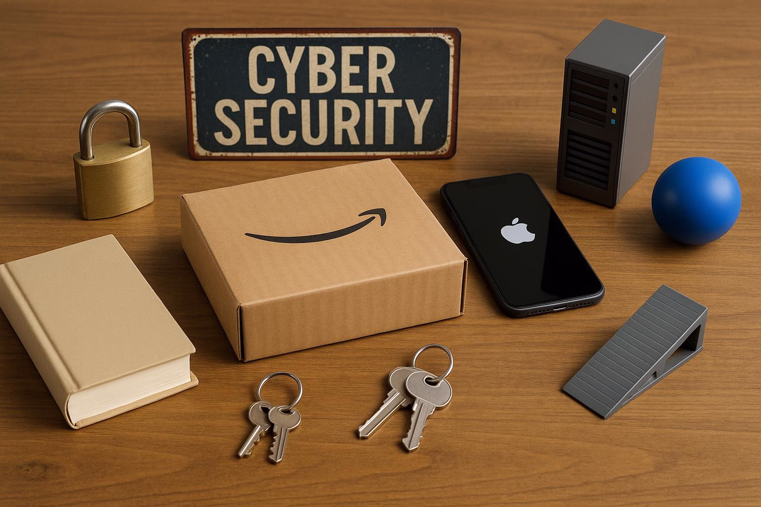 KDB Tech-Update 202506221504 Schreibtisch mit „CYBER SECURITY“-Schild, Versandkarton, Schloss, Schlüsselbund, Smartphone, Server-Turm, Stressball und Mini-Rampe als Motiv für Schutz.