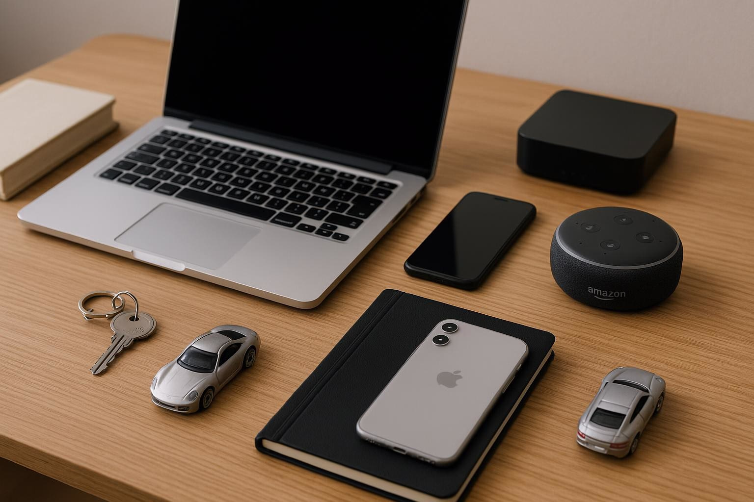 KDB Tech-Update 202506230503 Schreibtisch mit geöffnetem Laptop, Smartphone, Lautsprecher, Notizbuch, Schlüsselbund und Miniaturautos; zeigt Technik- und Alltagsausstattung.