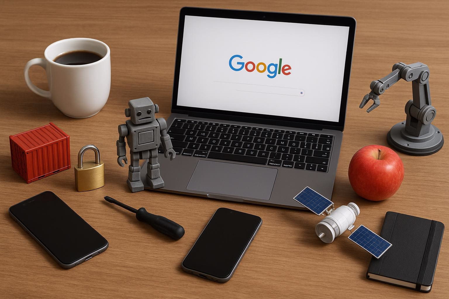 KDB Tech-Update 202506240504 Schreibtisch mit Laptop, Kaffee, Smartphone, Notizbuch und Technikobjekten: Roboterfiguren, Schloss, Satelliten- und Roboterarm-Modell.