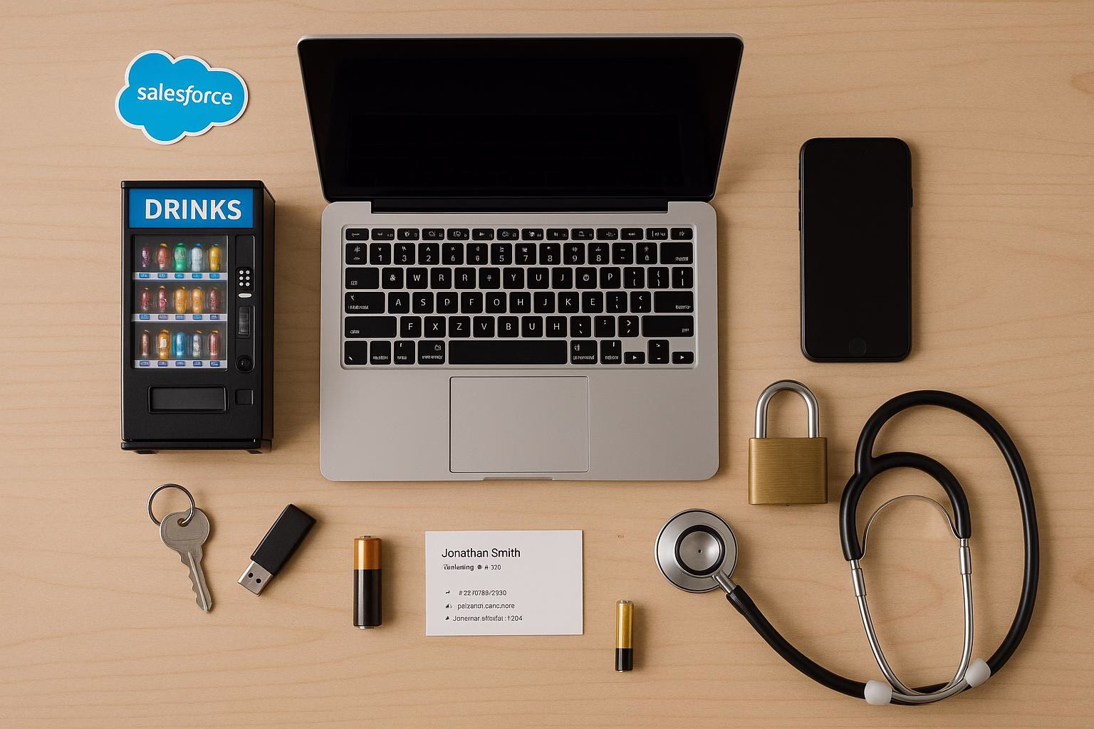 KDB Tech-Update 202506241504 Arbeitsplatz-Übersicht: Laptop mit Getränkeautomat, Handy, USB-Stick, Visitenkarte, Batterie, Vorhängeschloss und Stethoskop auf Holzplatte.