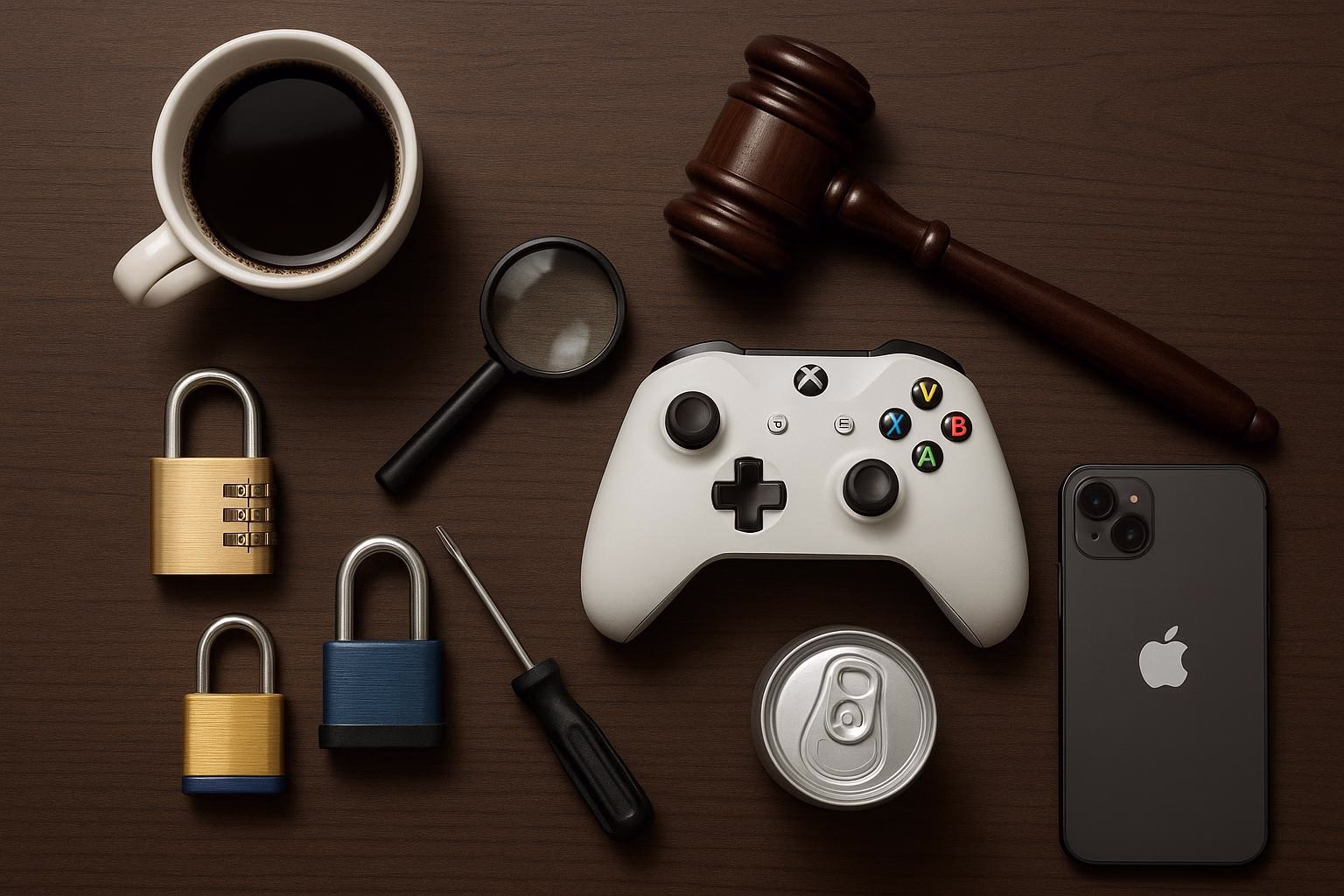 KDB Tech-Update 202506250507 Schreibtisch-Layout mit Kaffee, Lupe, Vorhängeschlössern, Schraubendreher, verschlossenem Getränke-Dose, Gamecontroller und Smartphone zur Sicherheits- und Technikdarstellung