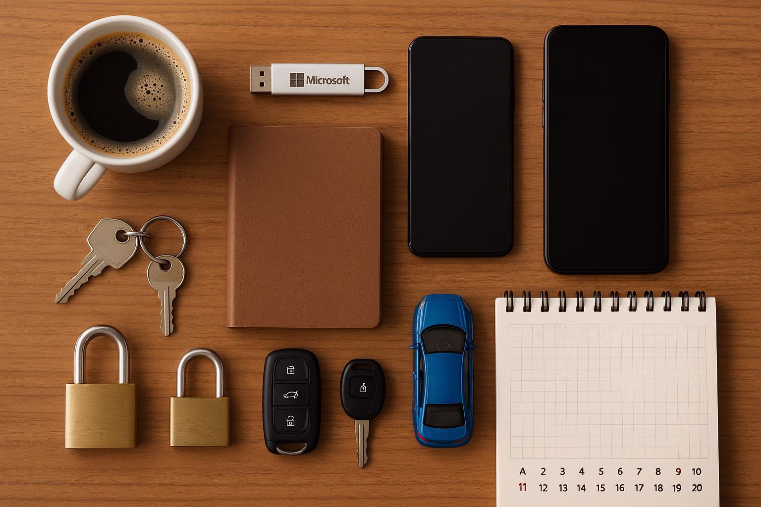 KDB Tech-Update 202506251506 Übersicht eines Schreibtischs mit Kaffeetasse, USB-Stick, Smartphone, Schlüsseln, Vorhängeschloss, Notizbuch und Kalender.