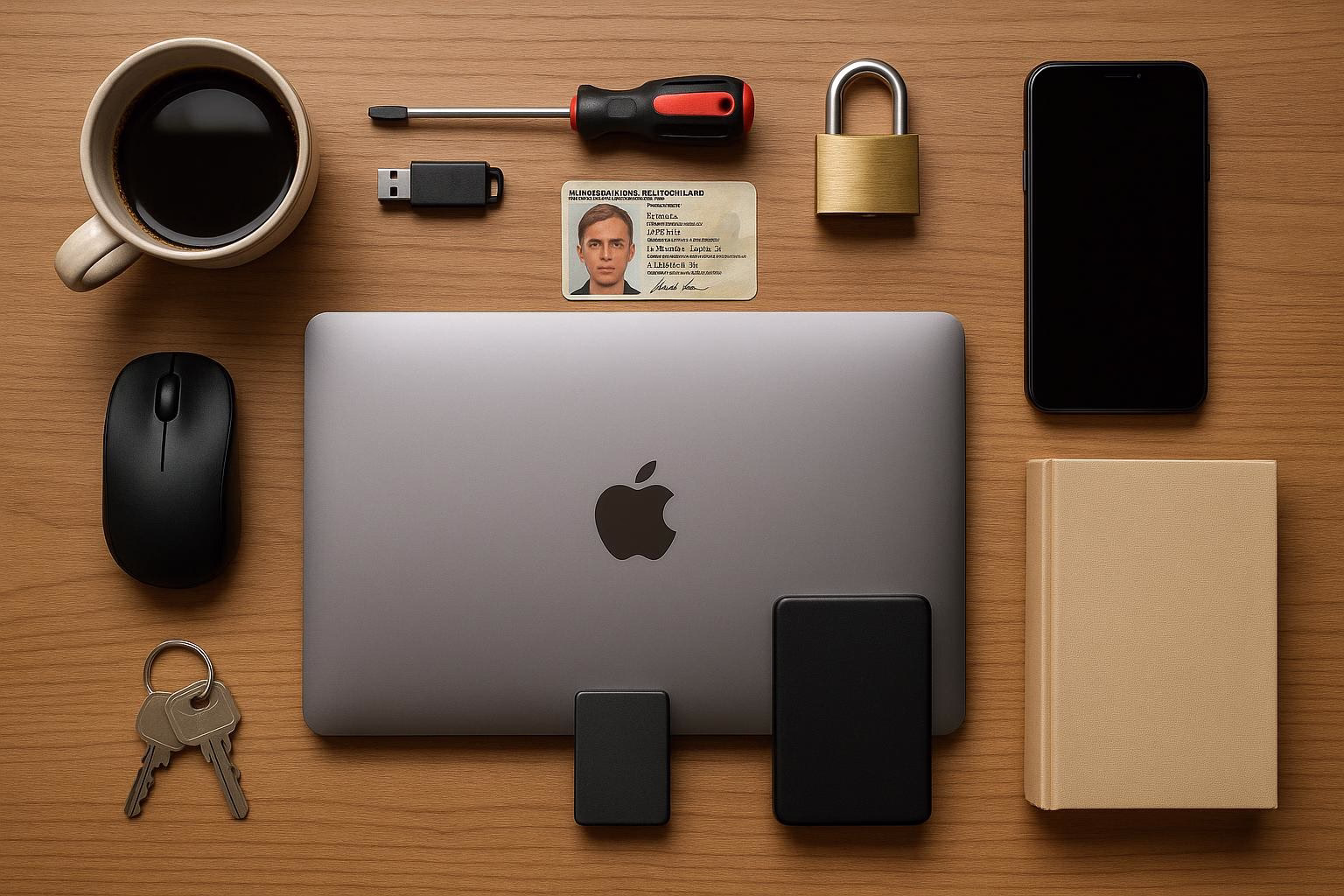 KDB Tech-Update 202506260507 Schreibtisch-Übersicht: Laptop mit Aufkleber, Handy und Smartphone gesperrt mit Schloss, daneben USB, Werkzeugsatz, Ausweis, Schlüssel und Festplatten.