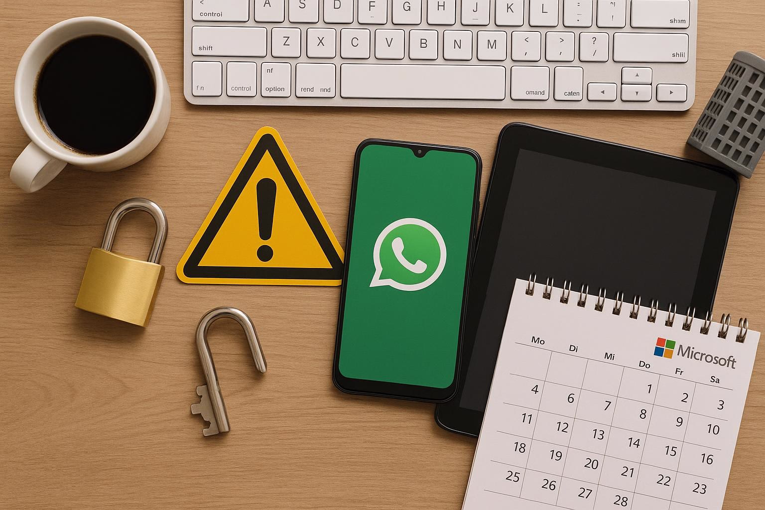 KDB Tech-Update 202506261502 Schreibtisch-Setup mit entsperrbarem Smartphone, Vorhängeschloss und Warnsymbol sowie Kalender und Tastatur für IT-Sicherheits-Update.