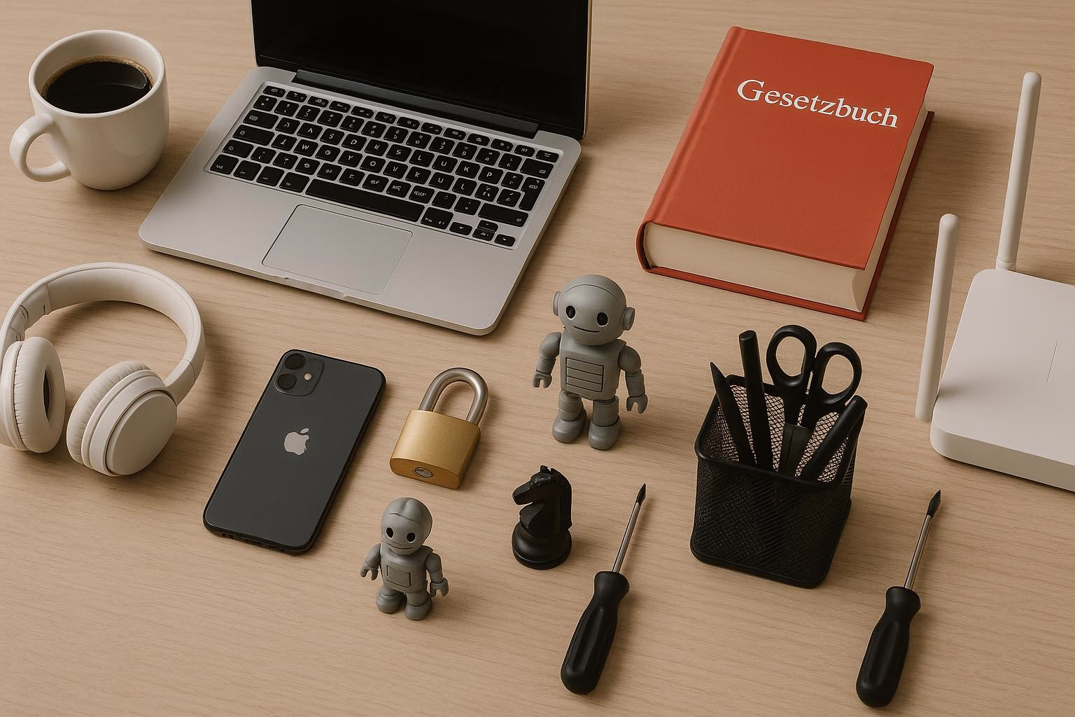 KDB Tech-Update 202506280506 Schreibtisch mit Laptop, Gesetzbuch, Smartphone, Kaffeetasse, Kopfhörern, Roboterfiguren, Vorhängeschloss und Werkzeugen; ordnet Arbeitsmittel.