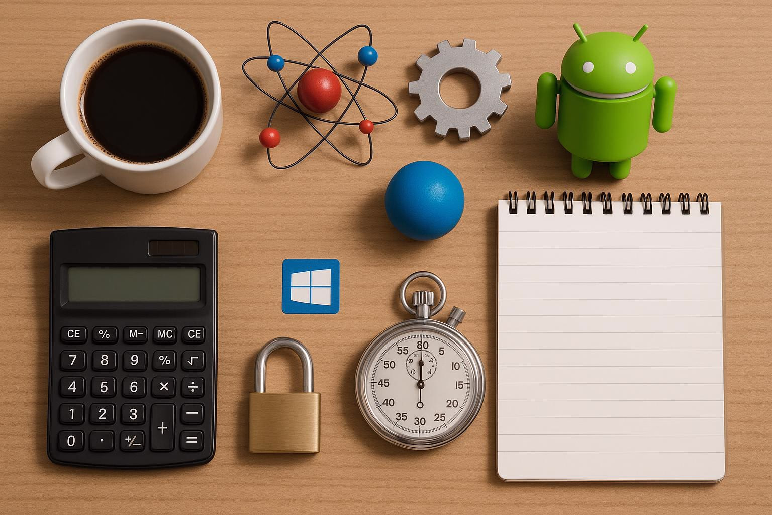 KDB Tech-Update 202506290501 Schreibtisch-Übersicht: Kaffeetasse, Rechen- und Windows-Symbol, Atommodell und Zahnrad, Stoppuhr, Schloss, Android-Figur und Notizblock.