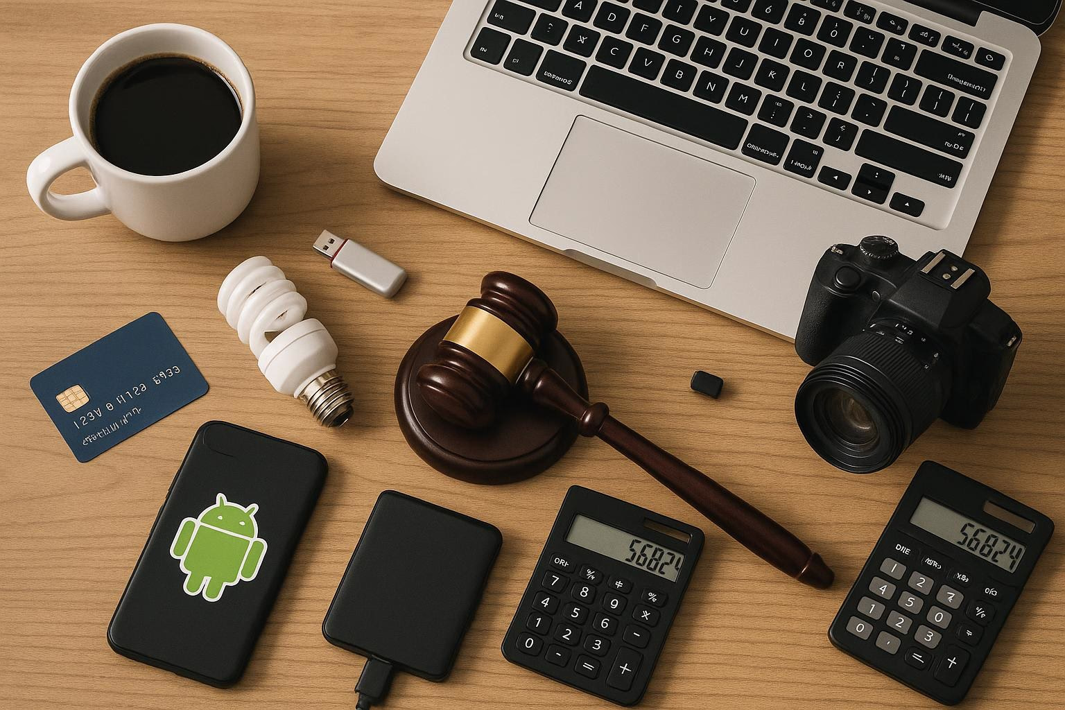 KDB Tech-Update 202506291501 Schreibtisch mit Laptop, Kaffeetasse, USB-Stick, Energiesparlampe, Kamera, Taschenrechner und Geldkarten; Elemente zeigen Technik und Finanzen.