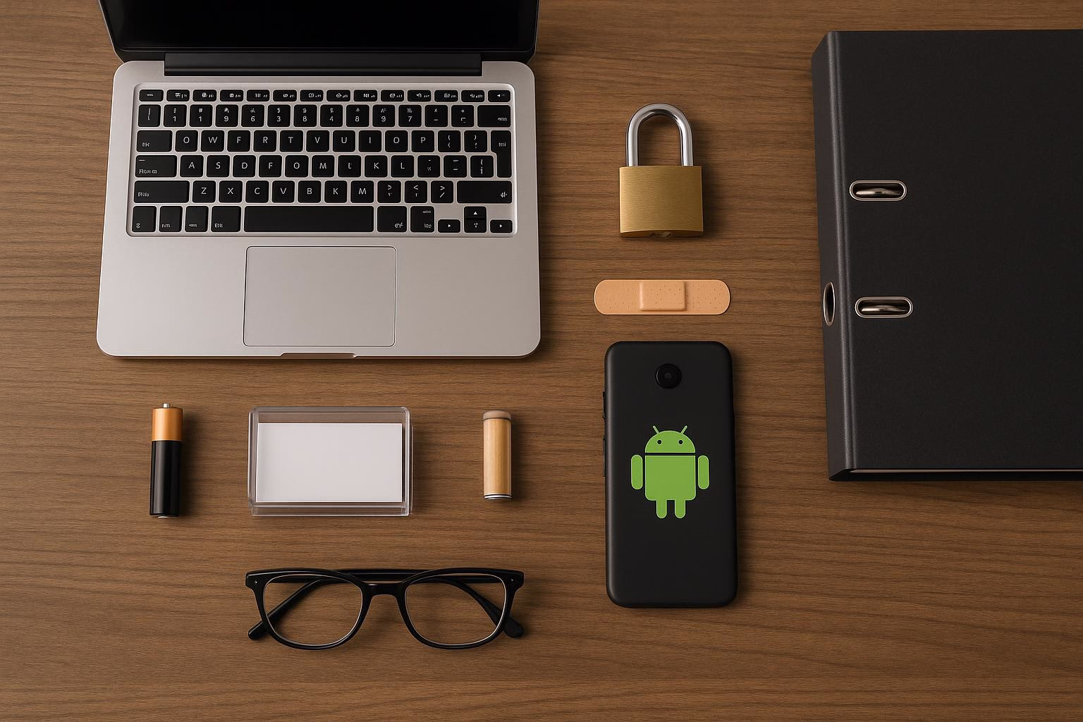 KDB Tech-Update 202506301503 Schreibtisch-Setup mit geöffnetem Laptop, Smartphone, Vorhängeschloss und Pflaster; Büroartikel als Symbol für IT-Sicherheit, Schutz und Erste Hilfe.