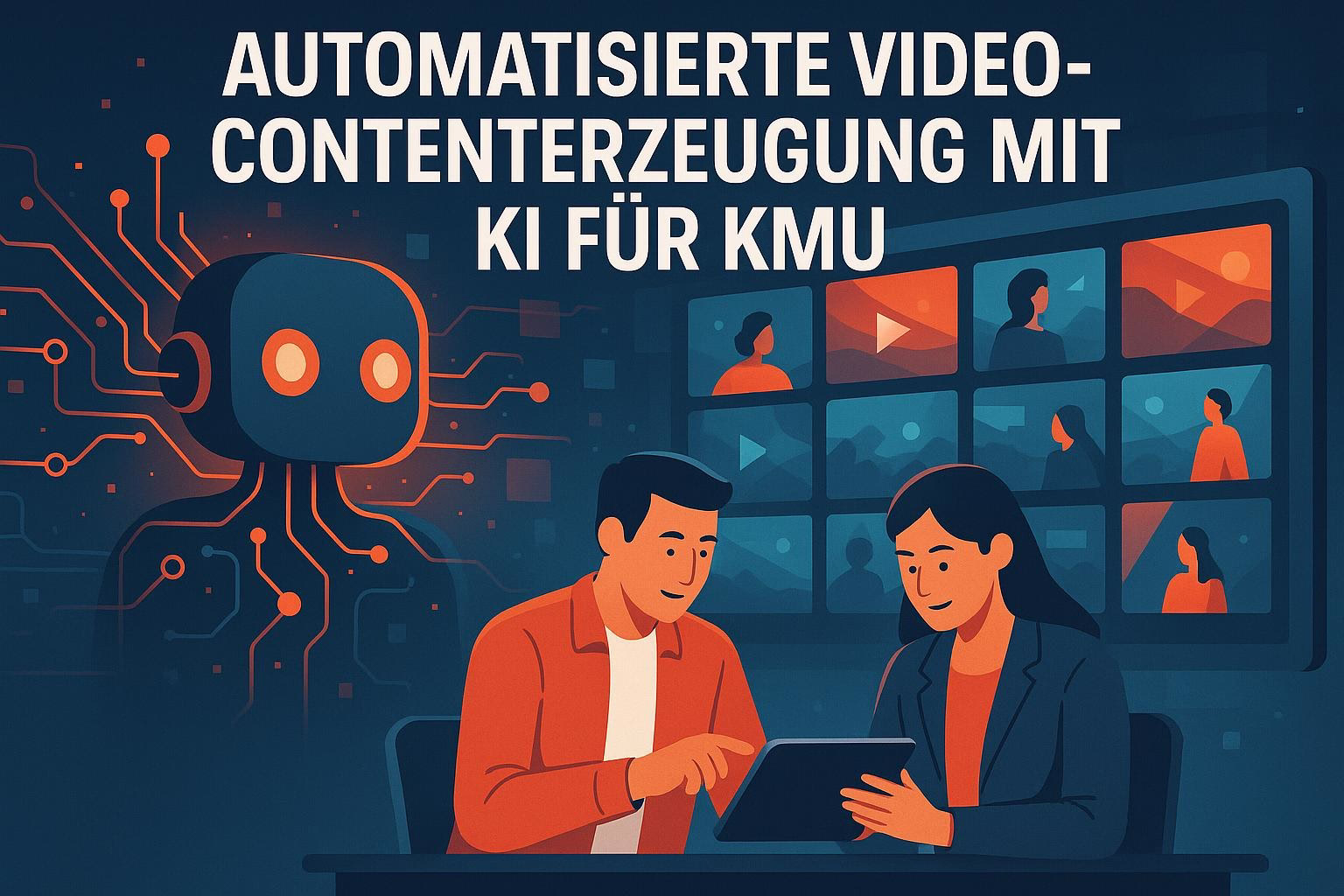 bild-ki-recherche-1 Illustration: KI-Chip und Netzwerkmuster neben zwei Personen, die mit Tablet und Daten-Icons kommunizieren; Titel „Automatisierte Video-Contentrecherche“.