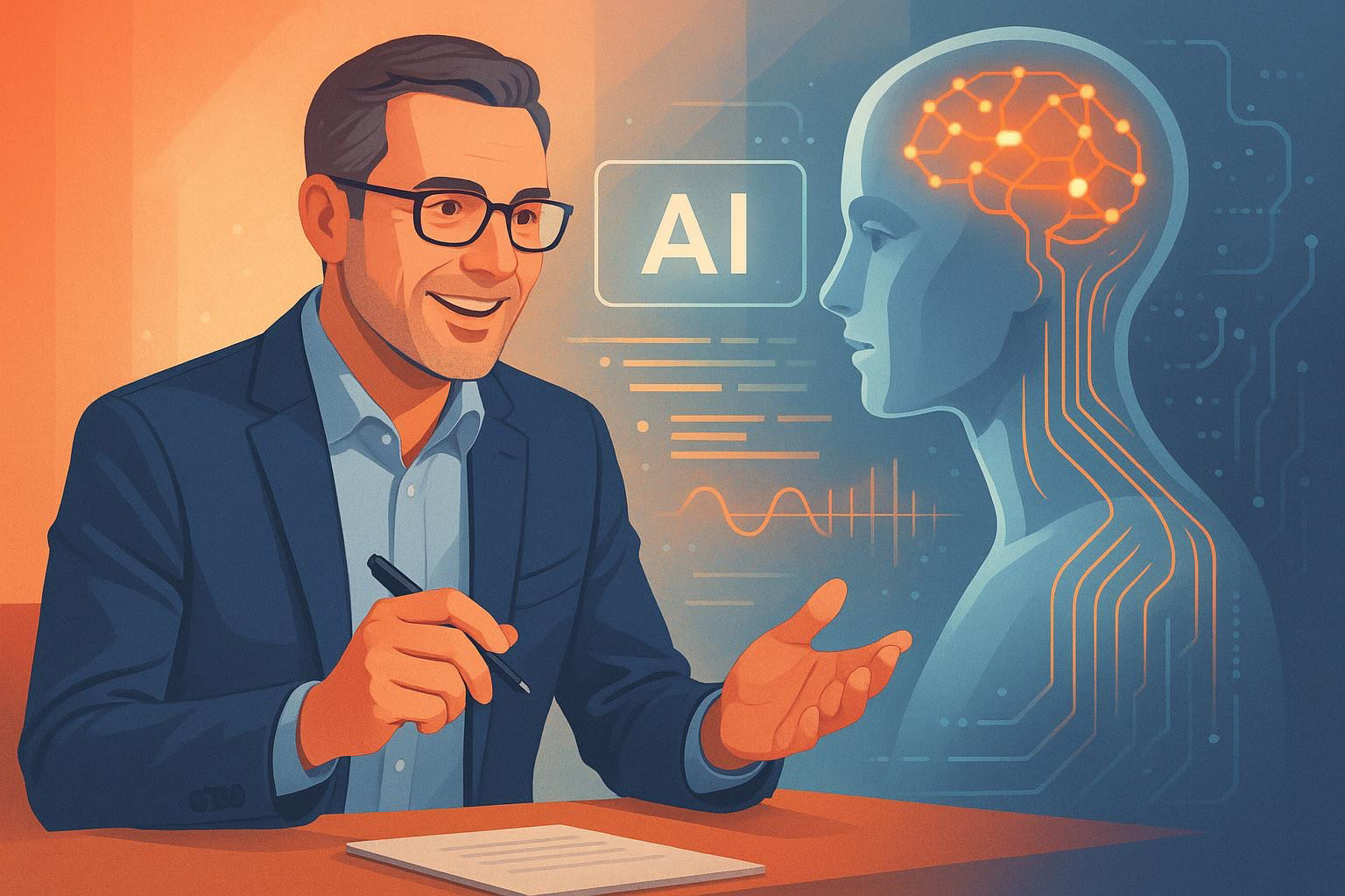 bild-ki-recherche-2 Illustration: Gespräch zweier Personen mit KI-Icon im Hintergrund, neuronales Netzwerk über dem Kopf zur Darstellung von Künstlicher Intelligenz.