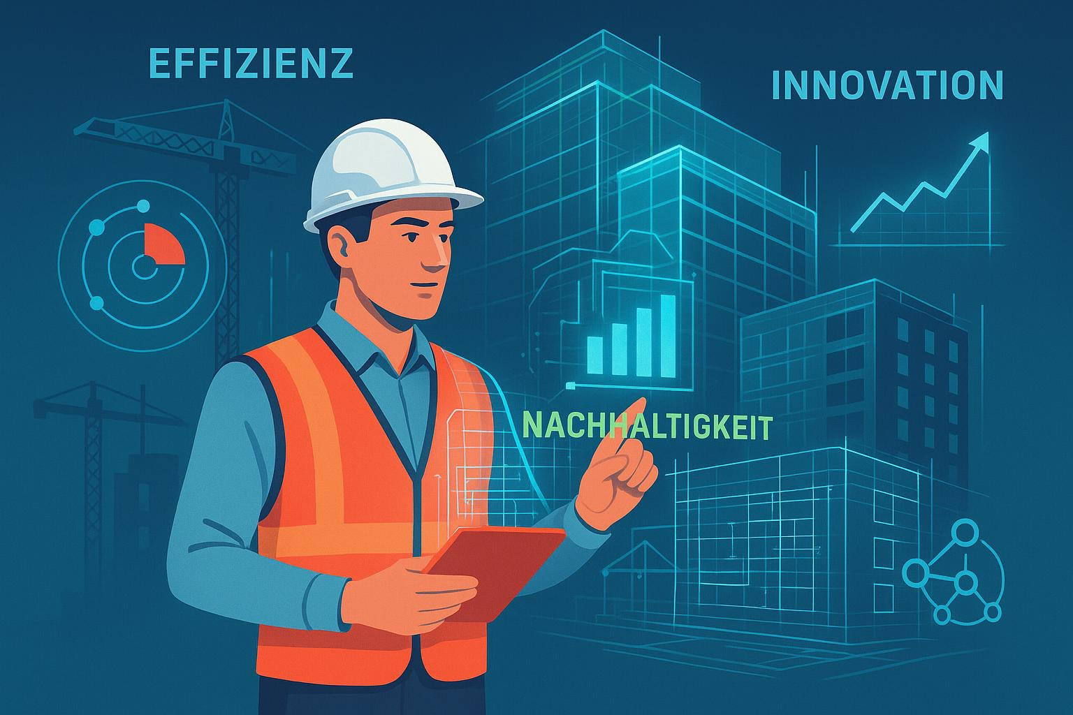 bild-ki-recherche-3 Bauingenieur mit Helm und Warnweste vor digitalen Stadt- und Diagramm-Overlays; Visualisiert Effizienz, Innovation und Nachhaltigkeit.