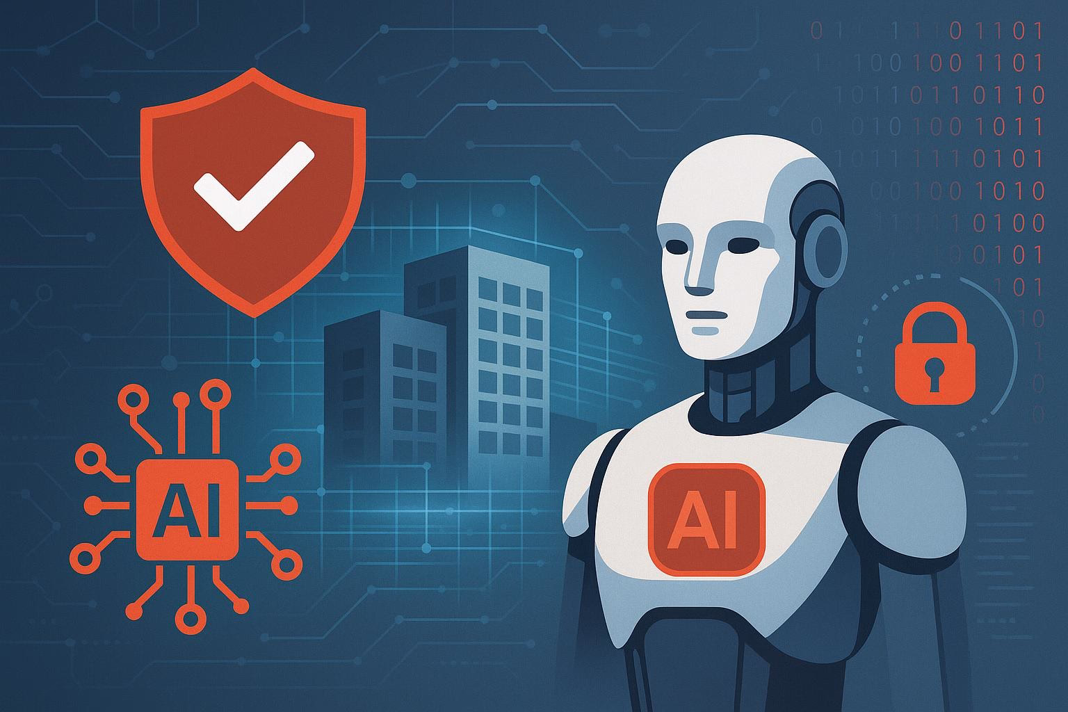 bild-ki-recherche-4 Humanoider Roboter mit „AI“-Chip, Schild mit Haken und Schloss—steht für sichere, überprüfte Nutzung künstlicher Intelligenz.