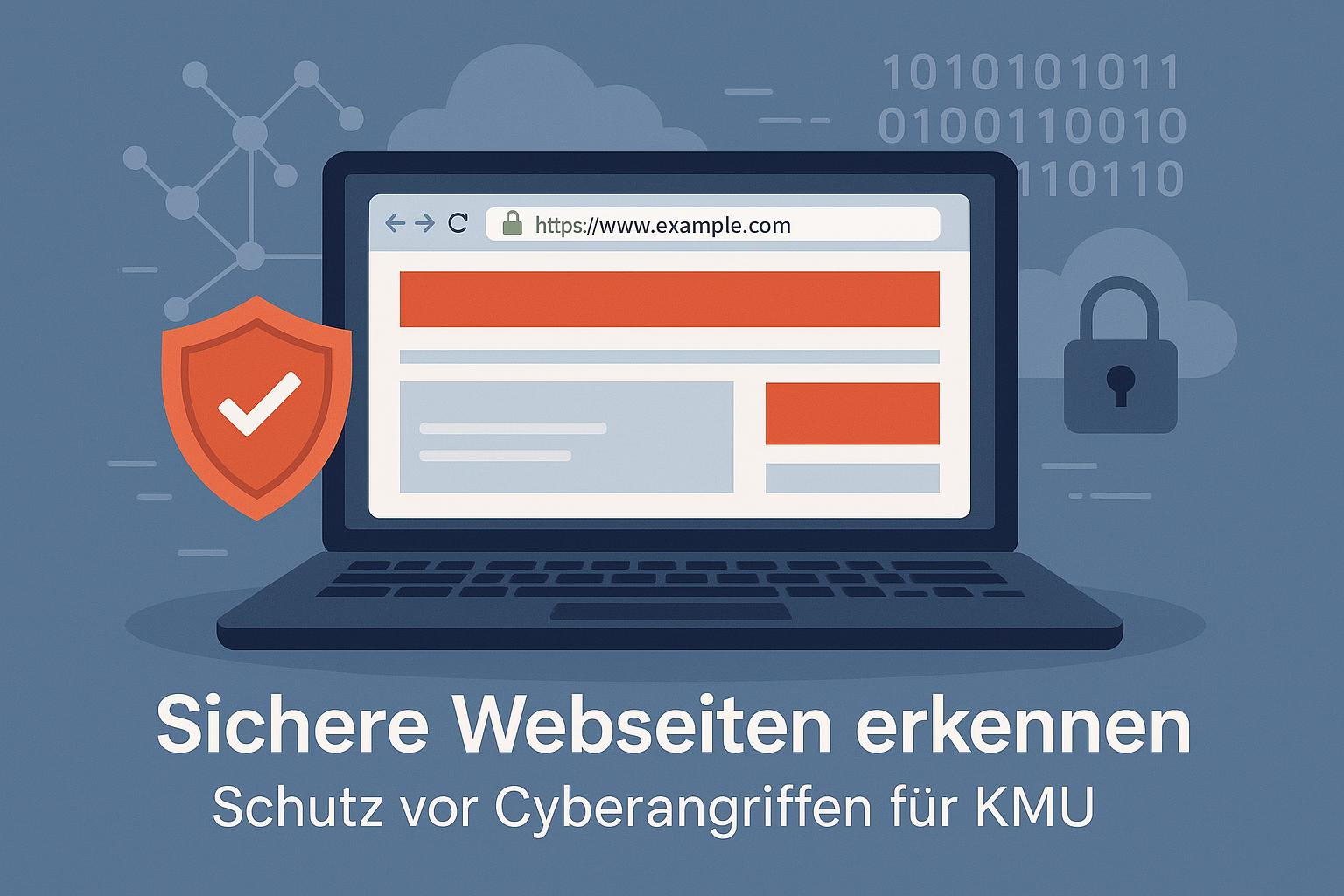 bild-ki-recherche-7 Laptop mit gesperrter URL, Schutzschild und Warnsymbolen vor Cyberangriffen; Sicherheitsbotschaft für geschützte Webseiten.
