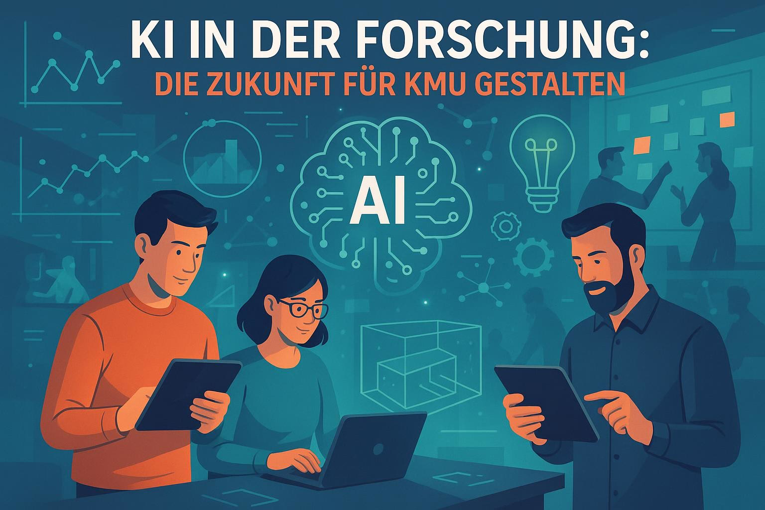 bild-ki-recherche-8 Team diskutiert über KI: Sprechende Personen an Laptops vor digitalen Symbolen, KI-Cloud und Lampenidee zur Zukunftsgestaltung.