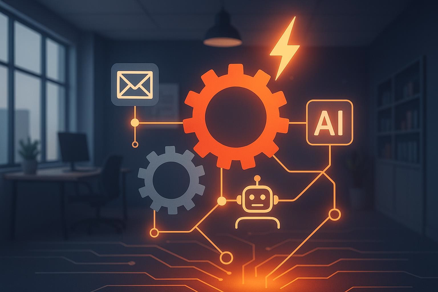 bild-ki-recherche Neonfarbene KI- und Prozesssymbole mit Zahnrädern, Datenleitungen und Blitz in einer Büro-Umgebung, visualisiert Automatisierung und Vernetzung.