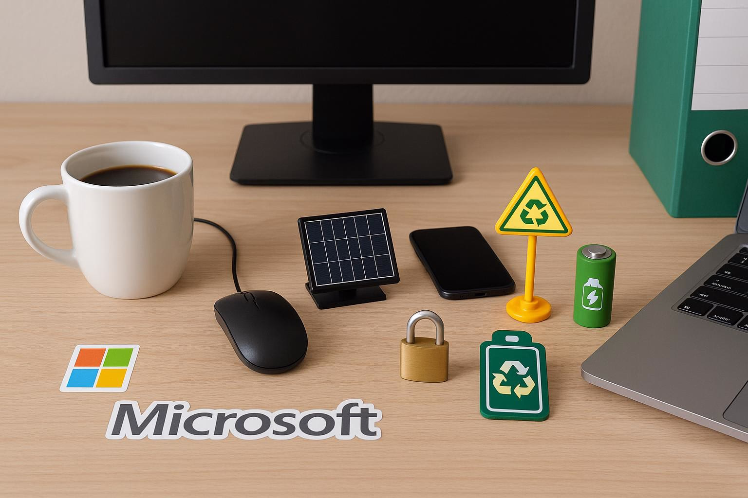 KDB Tech-Update 202507010502 Schreibtisch mit Monitor, Maus, Smartphone, Mini-Solarpanel, Handy- sowie E-Akku-Umwelt- und Sicherheitssymbolen, ordentlichen Büro-Accessoires.