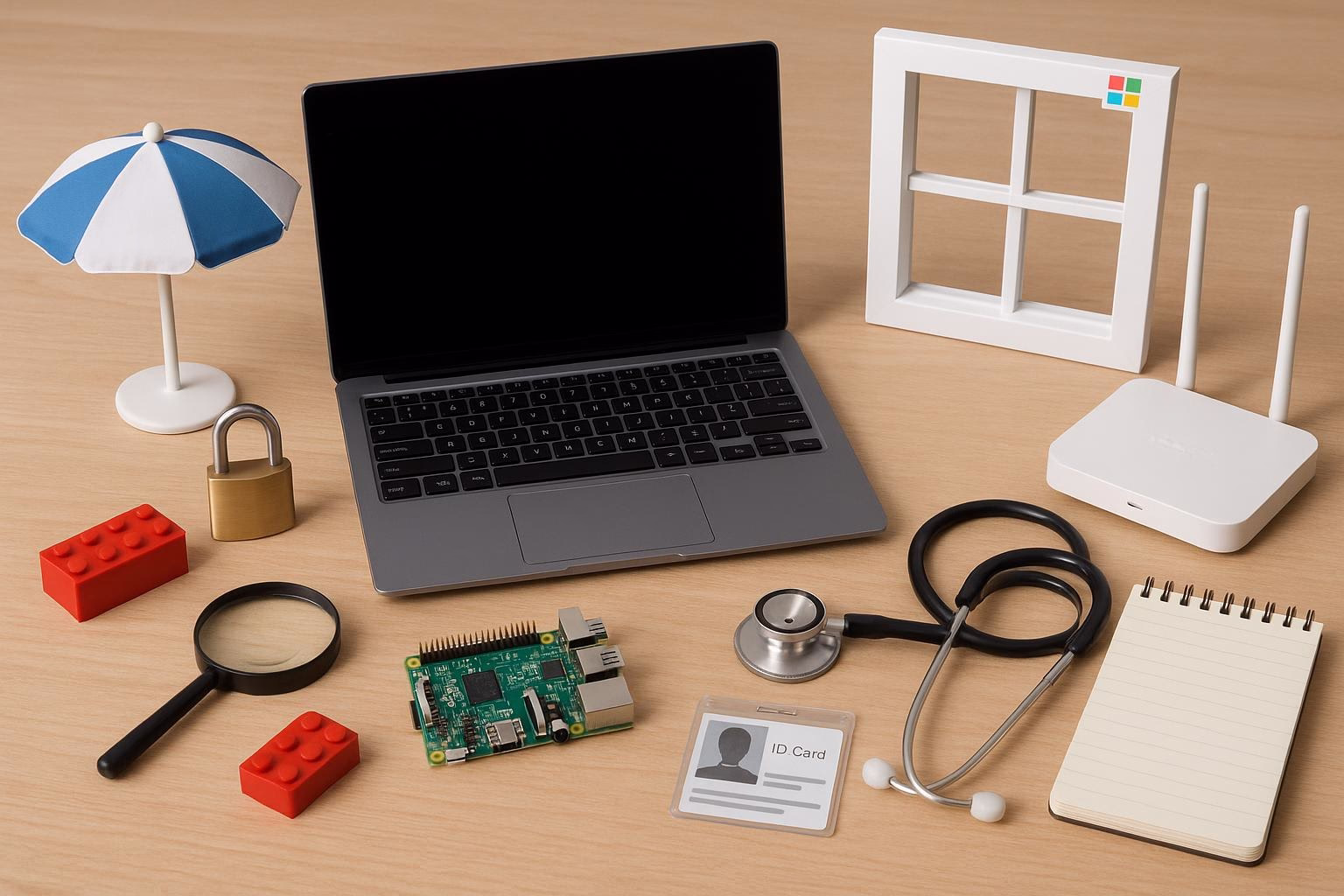 KDB Tech-Update 202507011501 Schreibtisch mit Laptop, WLAN-Router, Smartphone-Zubehör, Lupe, Stethoskop und ID-Karte; symbolisiert technische Updates und medizinische Prüfung.