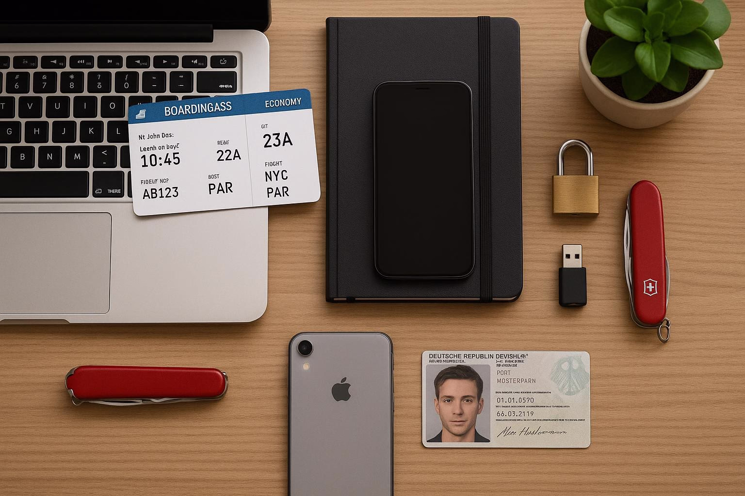 KDB Tech-Update 202507020503 Schreibtisch-Übersicht mit Laptop, Boardingpass, Smartphone, USB-Stick, Vorhängeschloss, Schweizer Taschenmesser, Ausweis und Büro-Notizen zur Reisevorbereitung.