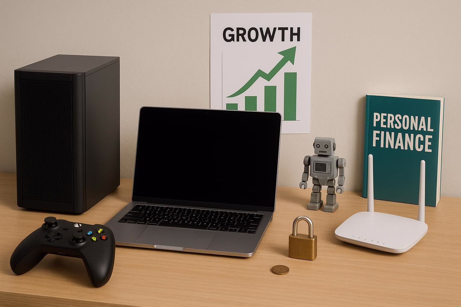KDB Tech-Update 202507021505 Schreibtisch mit Laptop, Server, Router, Roboterfigur und Postern „GROWTH“ sowie „PERSONAL FINANCE“; symbolisiert Technik, Wachstum und Finanzen.