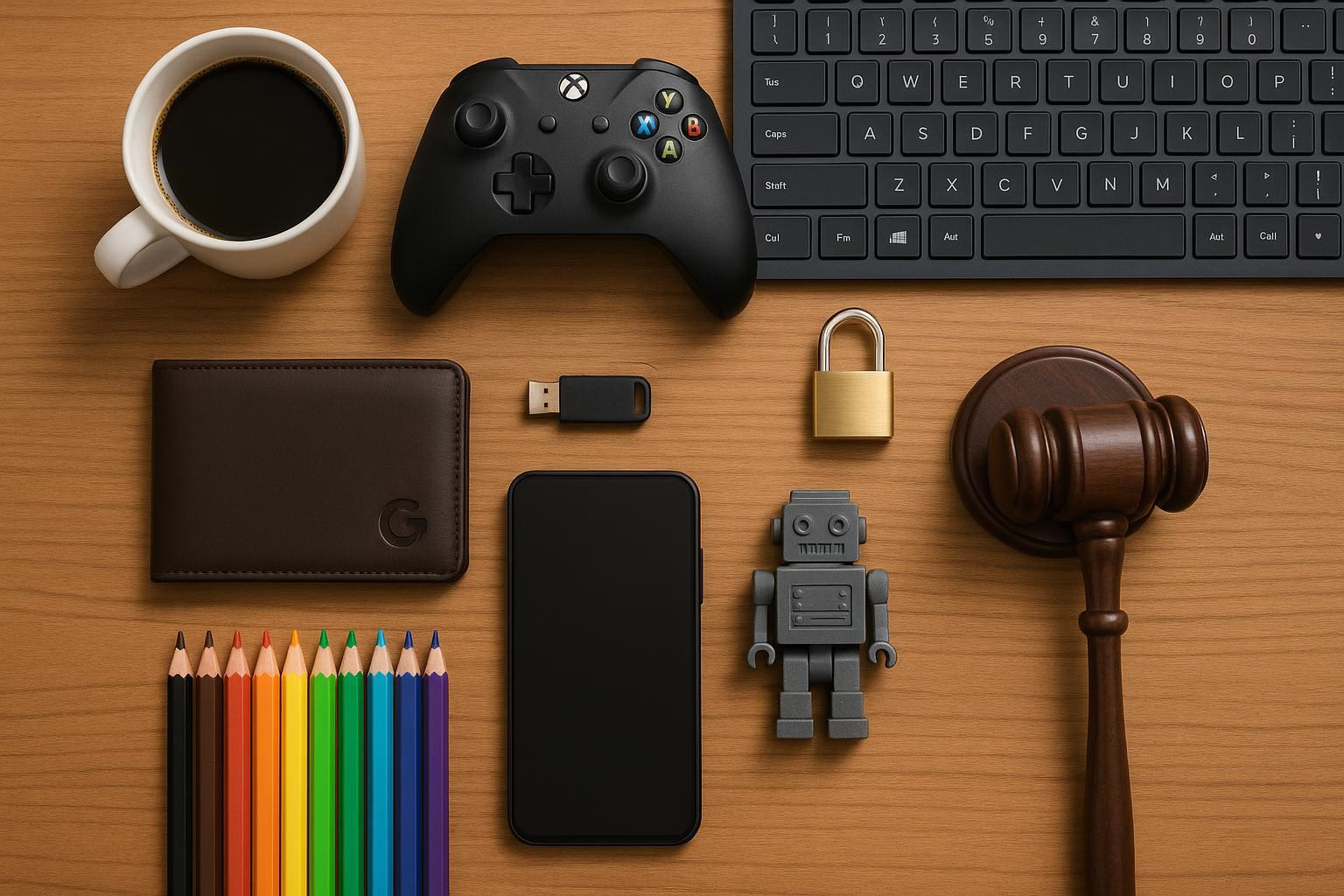KDB Tech-Update 202507030504 Schreibtisch-Übersicht mit Kaffeetasse, Gamecontroller, Smartphone, Geldbörse, USB-Stick, Vorhängeschloss, Stiftfarben, Roboterfigur, Tastatur und Richterhammer.