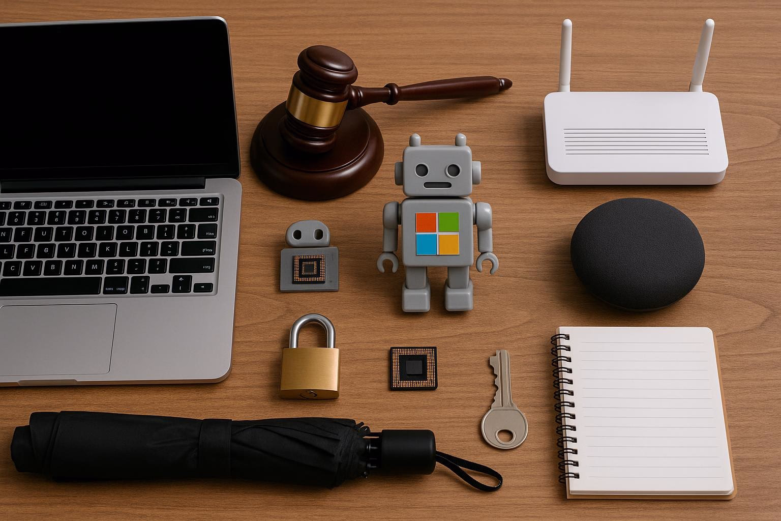 KDB Tech-Update 202507031503 Schreibtisch mit Laptop, Roboter, Router und Smart-Lautsprecher; daneben gesperrte Schlösser und Chip—Symbol für sichere, vernetzte Technik.
