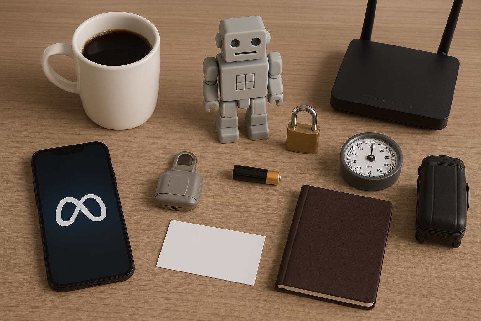 KDB Tech-Update 202507040501 Schreibtisch-Übersicht mit Roboterfigur, Kaffee, Smartphone, Router, Schloss, Waage, Batterie, Koffer und Notizblock als Symbol für Technik-Setup.