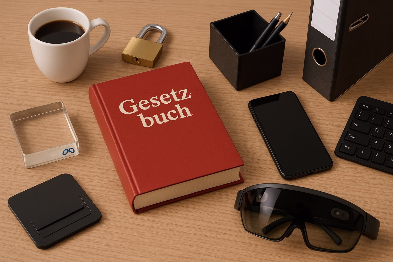 KDB Tech-Update 202507041504 Schreibtisch mit rotem Gesetzbuch, Smartphone, AR-Brille, Schloss, Ordnern, Stiftehalter und Kaffeetasse als Arbeits- und Büro-Setup.