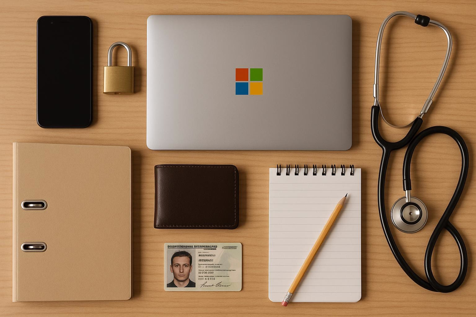 KDB Tech-Update 202507051501 Übersicht eines Schreibtisches: Smartphone, Laptop, Schloss am Smartphone, Notizblock mit Bleistift und Stethoskop daneben.
