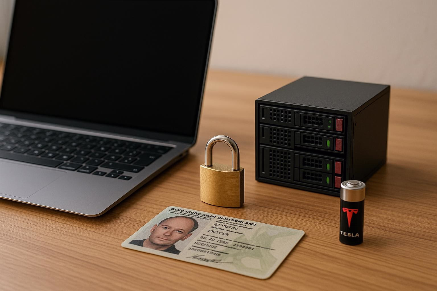 KDB Tech-Update 202507060506 Laptop und Serverbox auf Tisch, vor einem Zahlenschloss gesperrt; Personalausweis und Batterie als Hinweis auf Sicherheit und Identitätsprüfung.