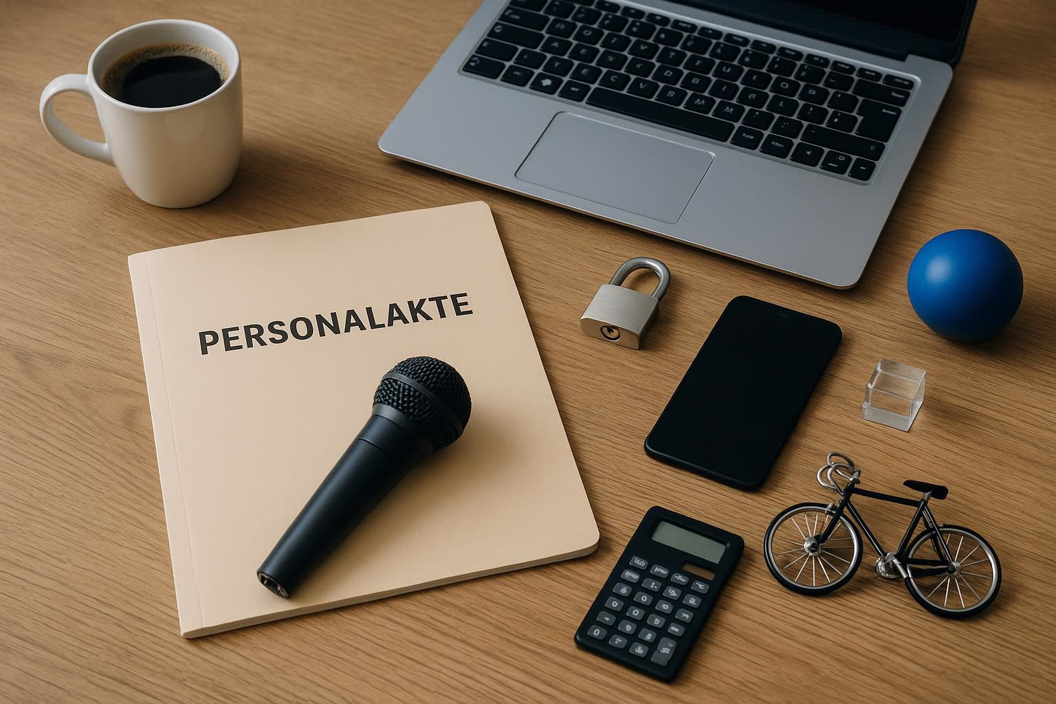 KDB Tech-Update 202507070504 Schreibtisch: Laptop, Personalakte „PERSONALAKTE“, Smartphone, Mikrofon und Zahlensystem; daneben Sicherheitsschloss, Stressball, Rechner und Fahrradmodell.
