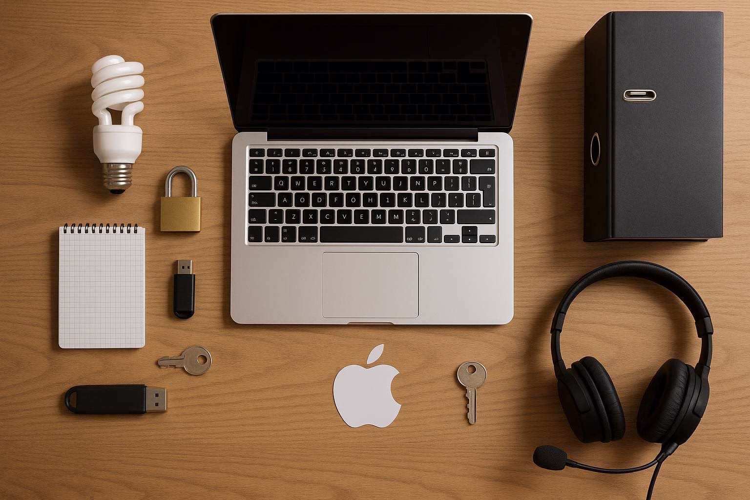 KDB Tech-Update 202507071503 Schreibtisch mit Laptop, USB-Stick, verschlossenem Vorhängeschloss, Schlüsseln, Headset und Notizblock als Symbol für Arbeits- und Datensicherheit.