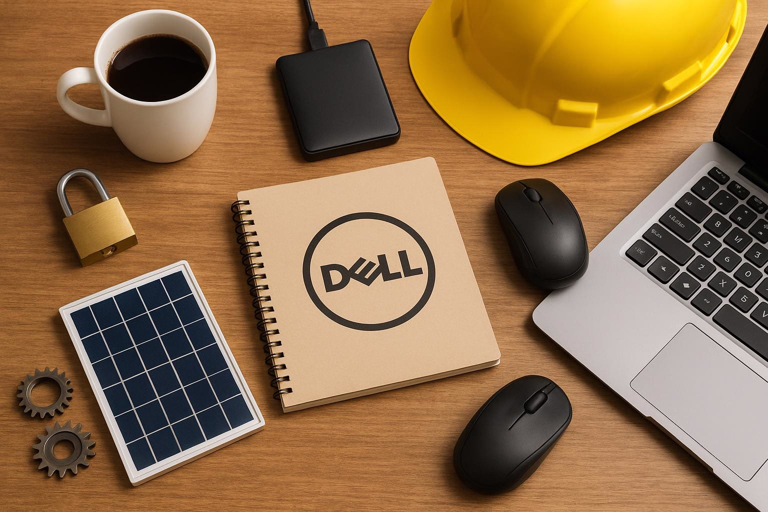 KDB Tech-Update 202507080506 Schreibtisch mit Kaffeetasse, Notizblock mit Diagramm, Laptop, Maus, externem Speicher, Solarmodul, Schloss, Helm und Zahnrädern zur Technikdokumentation.