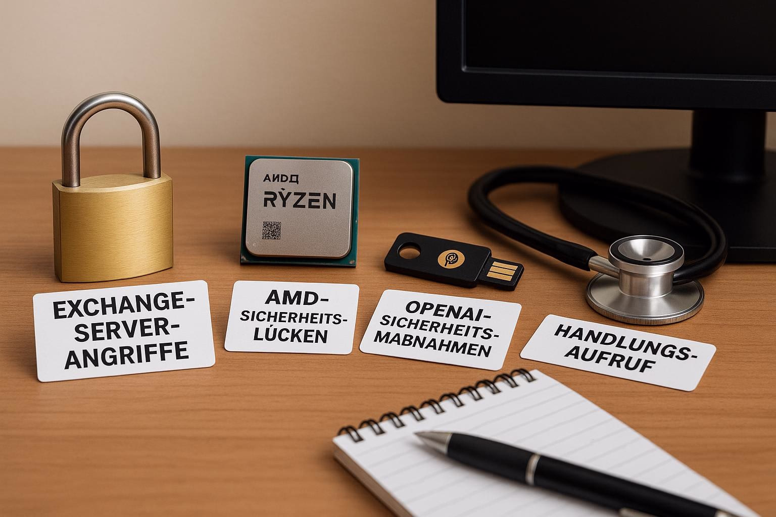 KDB Tech-Update 202507090501 Goldschloss, Chip-Modell, USB-Sicherheitsdongle und Stethoskop auf Holztisch; Haftnotizen zu Exchange-Angriffen, Sicherheitslücken, Maßnahmen und Handlungsaufruf.