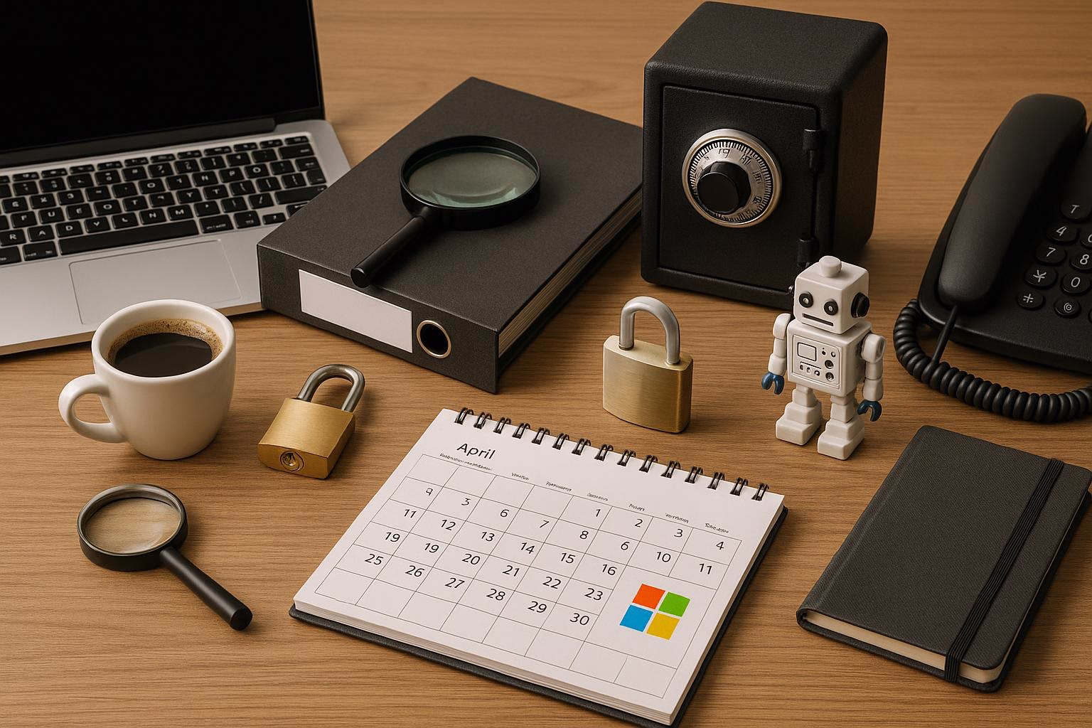 KDB Tech-Update 202507100504 Schreibtisch mit Laptop, Kaffeetasse, Notizbuch und Kalender; Schloss, Lupe und Roboterfigur symbolisieren Sicherheit, Prüfung und Organisation.