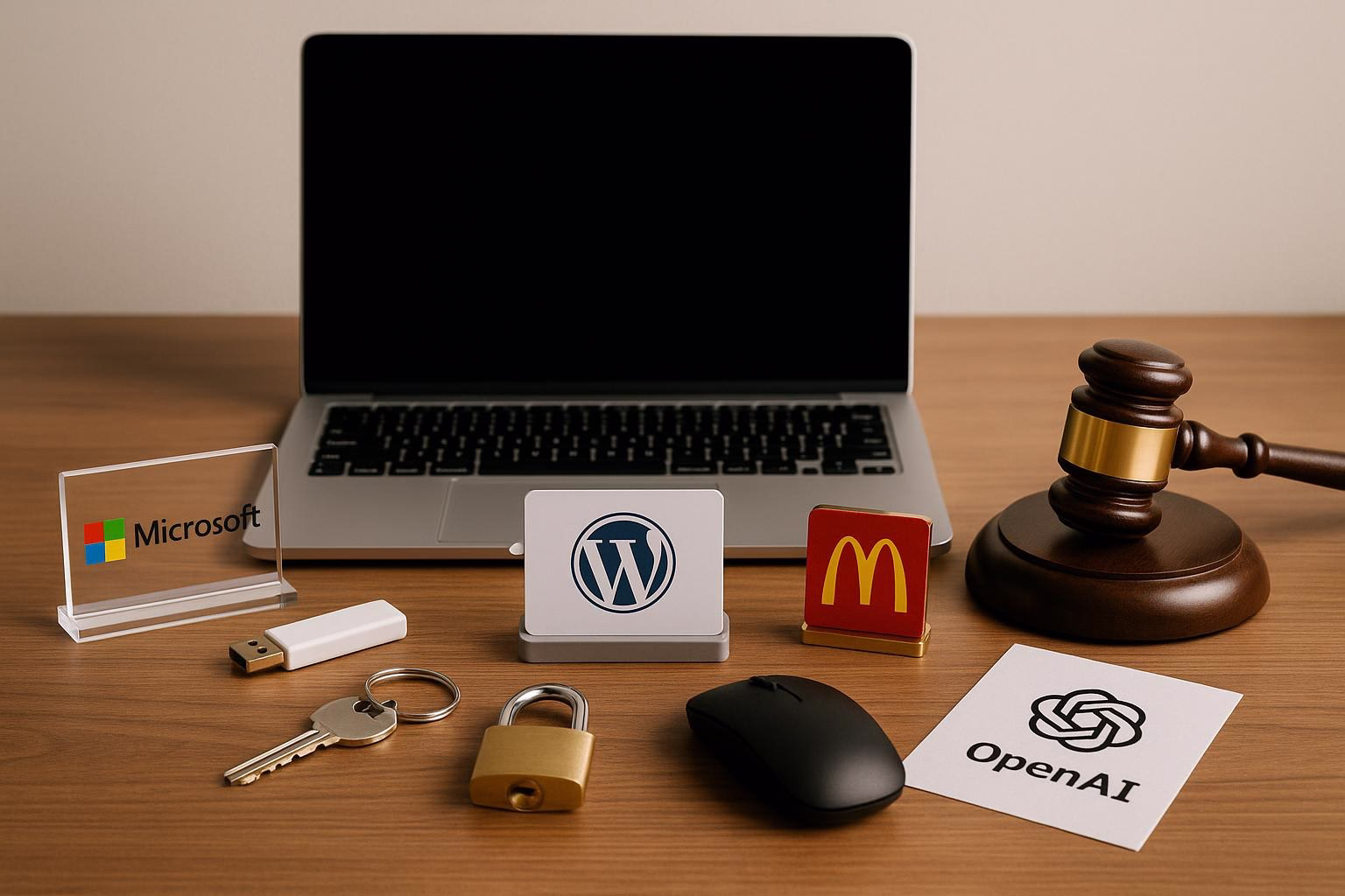 KDB Tech-Update 202507101506 Schreibtisch mit Laptop im Hintergrund; davor USB-Stick, Maus, Schloss, Schlüssel und Logoständer sowie Papierflyer für Technik-Update.