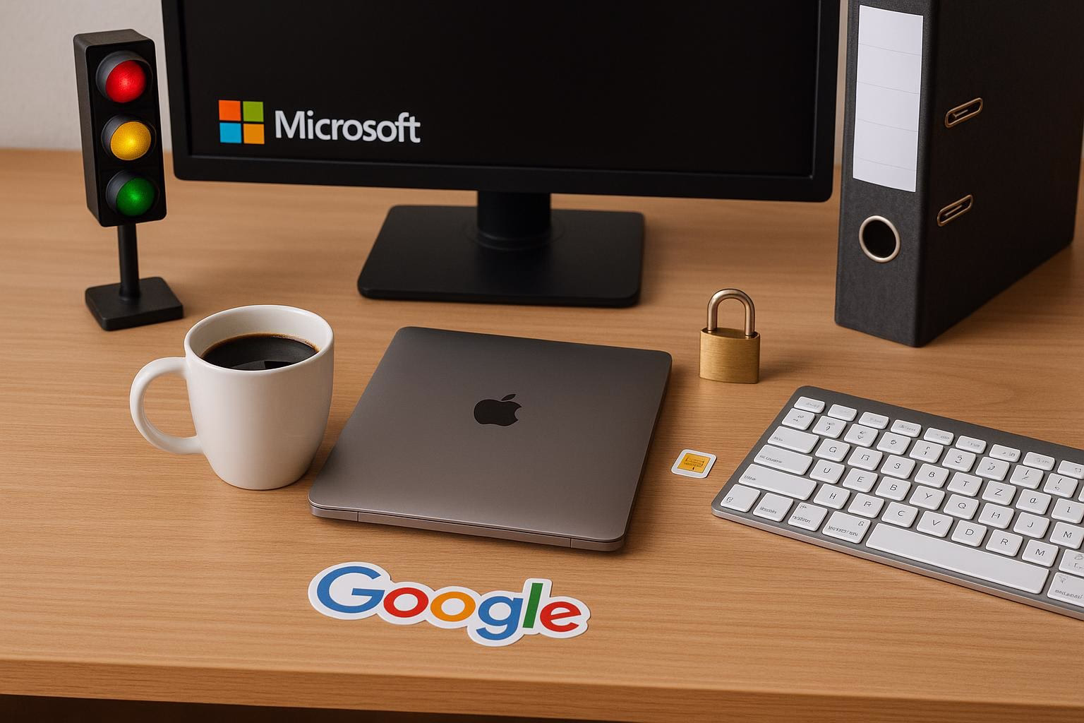 KDB Tech-Update 202507111501 Schreibtisch-Setup: Monitor mit Aufkleber, Laptop mit Logo, Tastatur, Kaffeetasse, Ordner und Vorhängeschloss als Symbol für Zugriffsschutz.