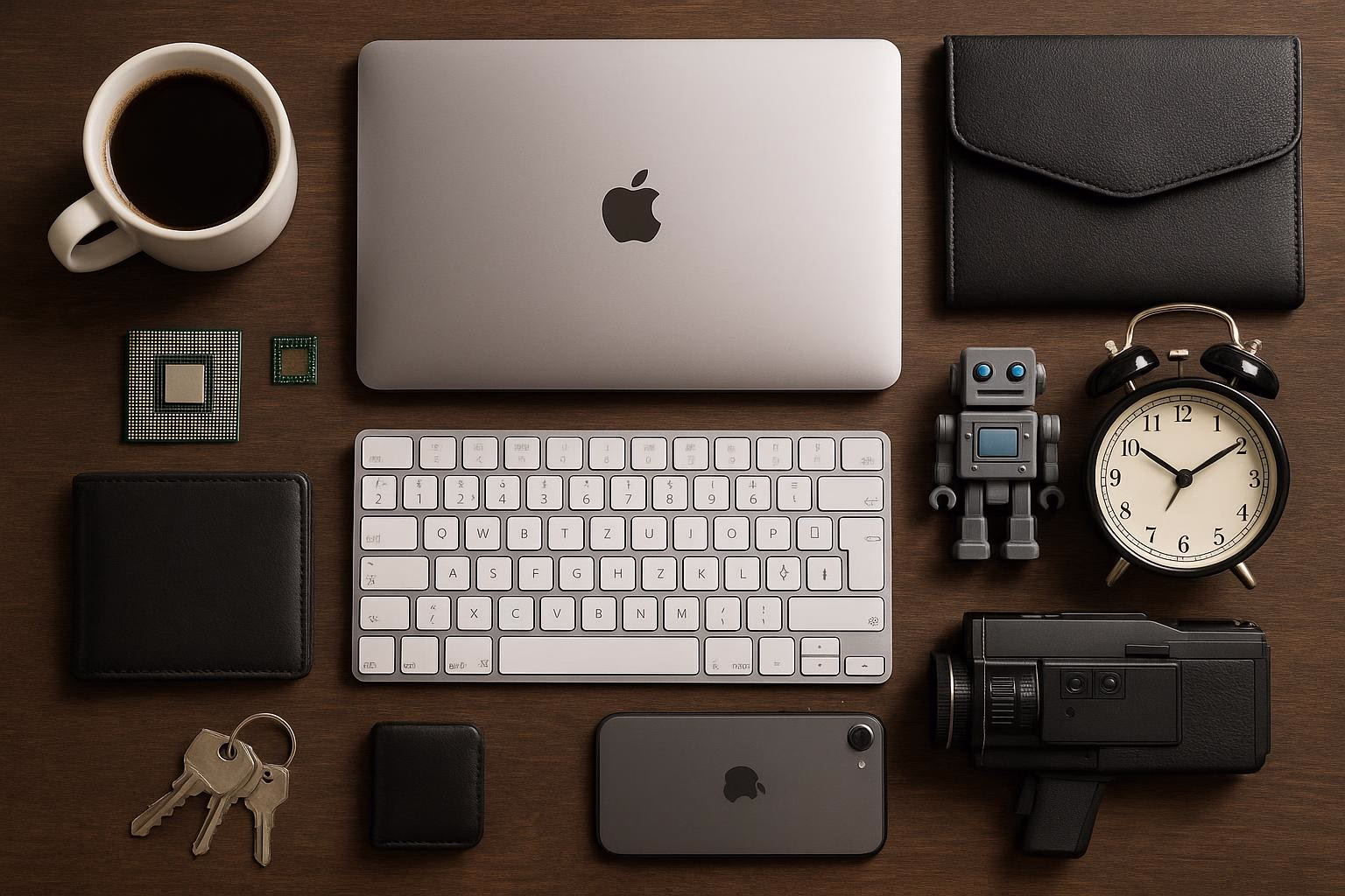 KDB Tech-Update 202507120504 Übersichtlicher Schreibtisch mit Laptop, Tastatur, Kaffeetasse, Geldbörse, Schlüsseln, Smartphone, Uhr und Roboterfigur als Technik-Set für Arbeitsplanung.