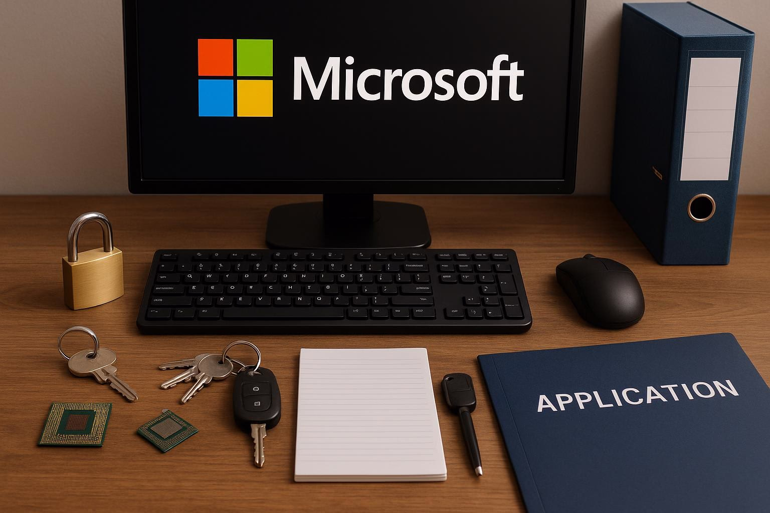 KDB Tech-Update 202507121504 Schreibtisch mit Monitor, Tastatur und Computermaus; daneben Schlüsselbund, Schloss, Halbleiterchips und „APPLICATION“-Mappe für Bewerbungs- und IT-Kontext.