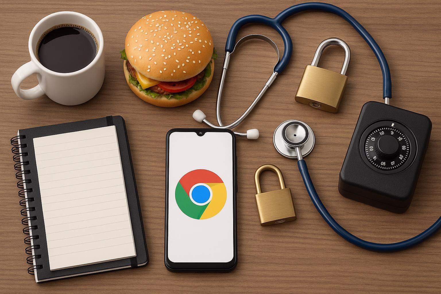 KDB Tech-Update 202507140505 Schreibtisch mit Kaffeetasse, Burger, Smartphone mit Browser-Icon und Schlüsselsafe: Symbol für IT-Sicherheit und geschützt gespeicherte Daten.