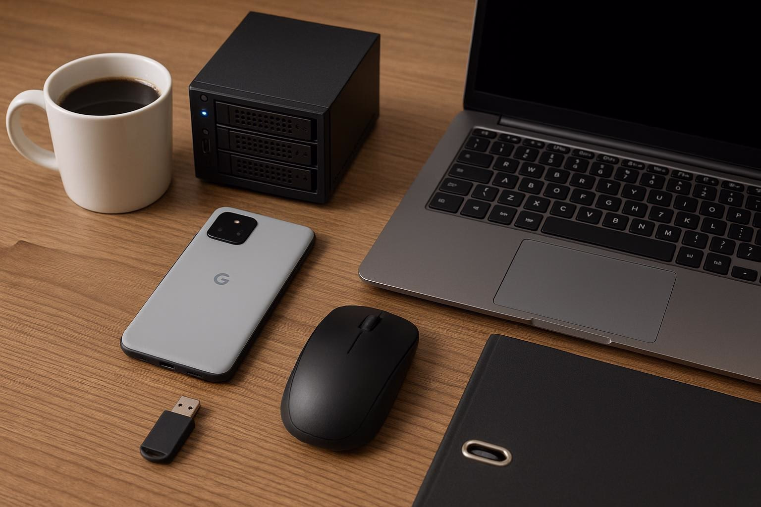 KDB Tech-Update 202507160503 Schreibtisch mit Laptop, Smartphone, Maus, USB-Stick und Mini-Server; Kaffeetasse daneben, alles als Arbeits- und Technik-Setup.