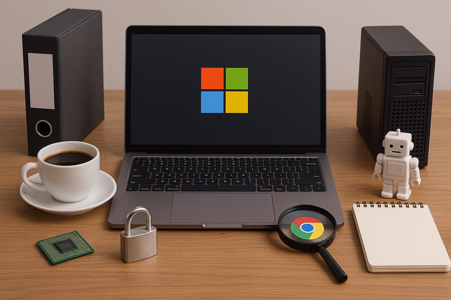 KDB Tech-Update 202507170503 Schreibtisch mit Laptop, Kaffeetasse, Chip, Vorhängeschloss, Servern und Lupe; technisches Update und Datensicherheit visualisiert.