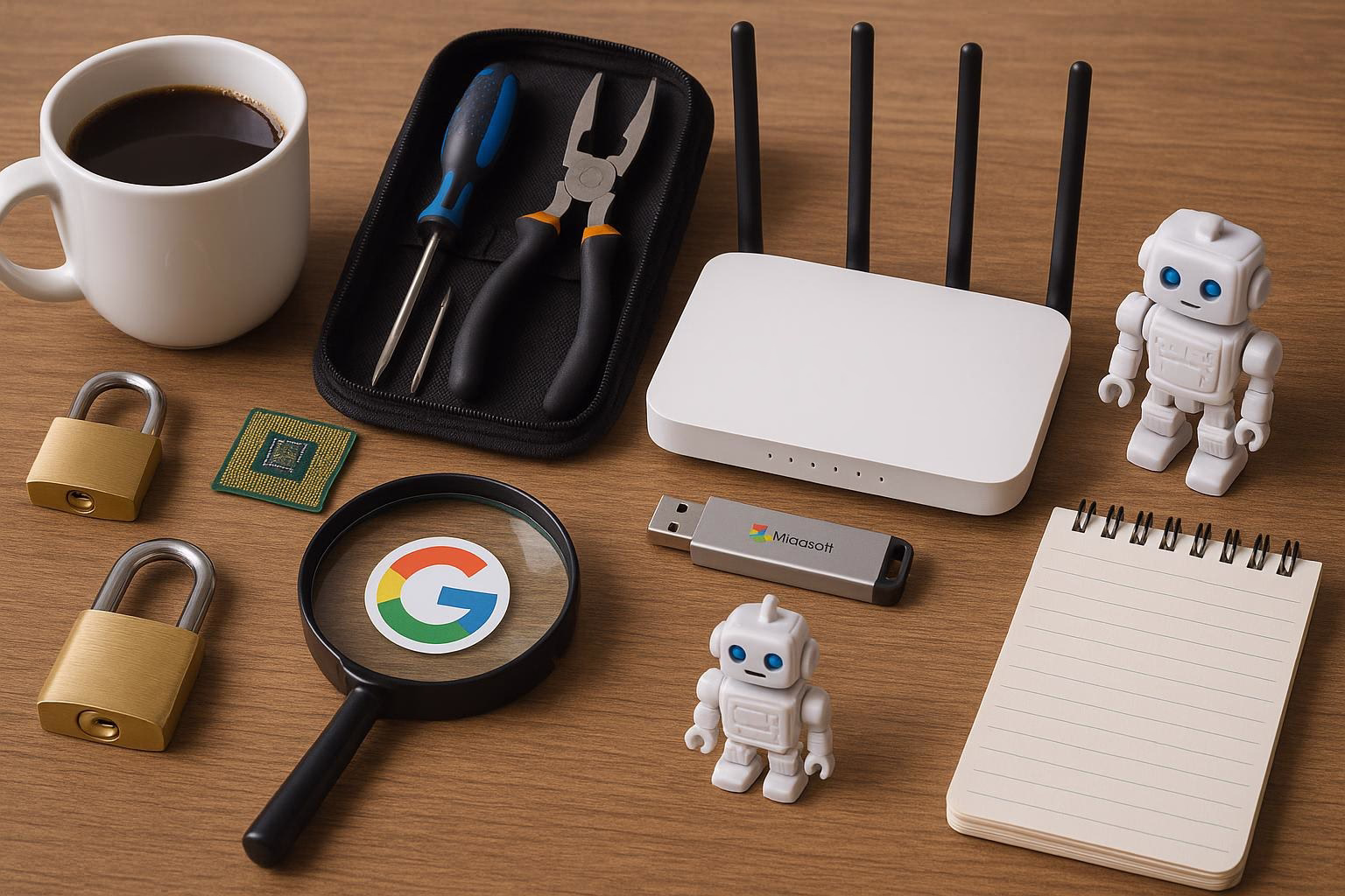 KDB Tech-Update 202507171504 Schreibtisch-Setup: Schlosser, Mikrochip, Werkzeugsatz, Router, USB-Stick, Lupe, Roboterfigur und Notizblock neben Kaffeetasse.