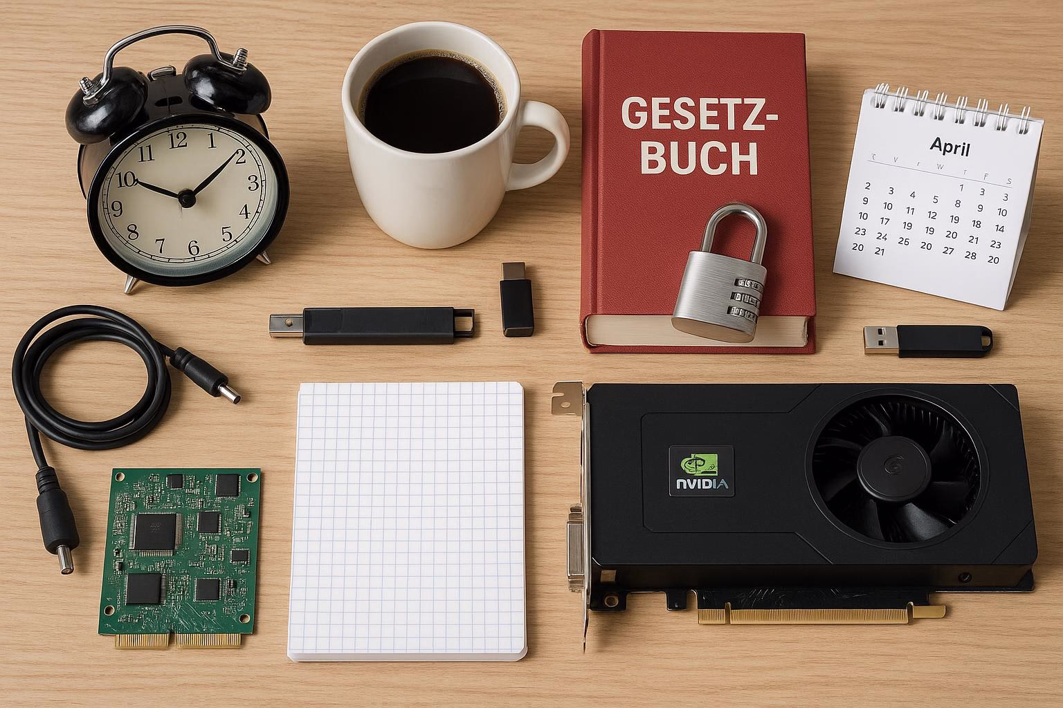 KDB Tech-Update 202507180504 Schreibtisch-Übersicht: Wecker, Kaffeetasse, Gesetzbuch, Kalender, Vorhängeschloss, USB-Stick, Stromkabel und Leiterplatten/ Grafikkarte.