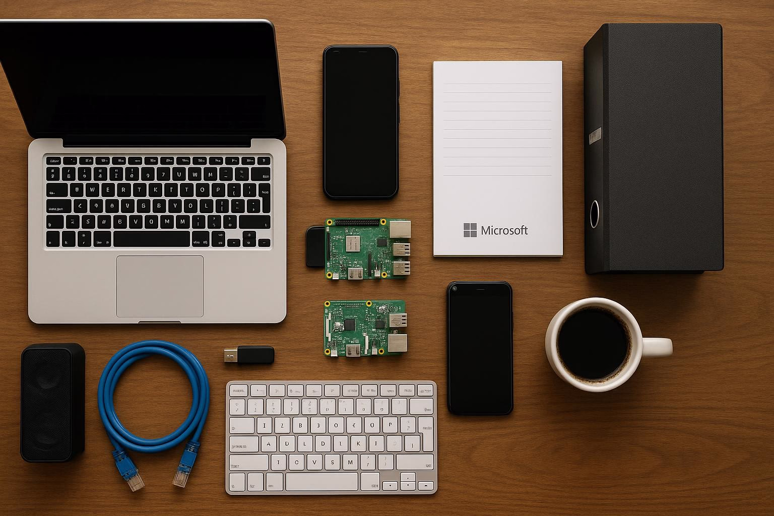 KDB Tech-Update 202507181505 Schreibtisch mit Laptop, Smartphone, Tastatur und Notizblock sowie USB-Sticks, Netzwerkkabel, Platinen und Kaffeetasse als Tech-Setup.