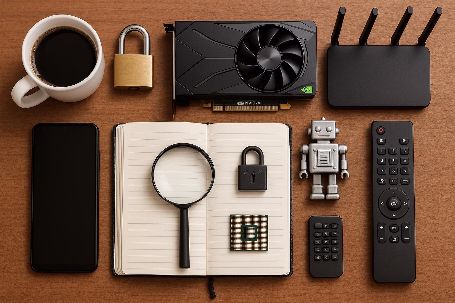 KDB Tech-Update 202507190506 Schreibtisch mit Kaffeetasse, Grafikkarte, gesperrtem Schloss, Router, Android-Smartphone, Notizbuch, Lupe, Fernbedienungen und Prozessor-Chip als Technik-Übersicht.